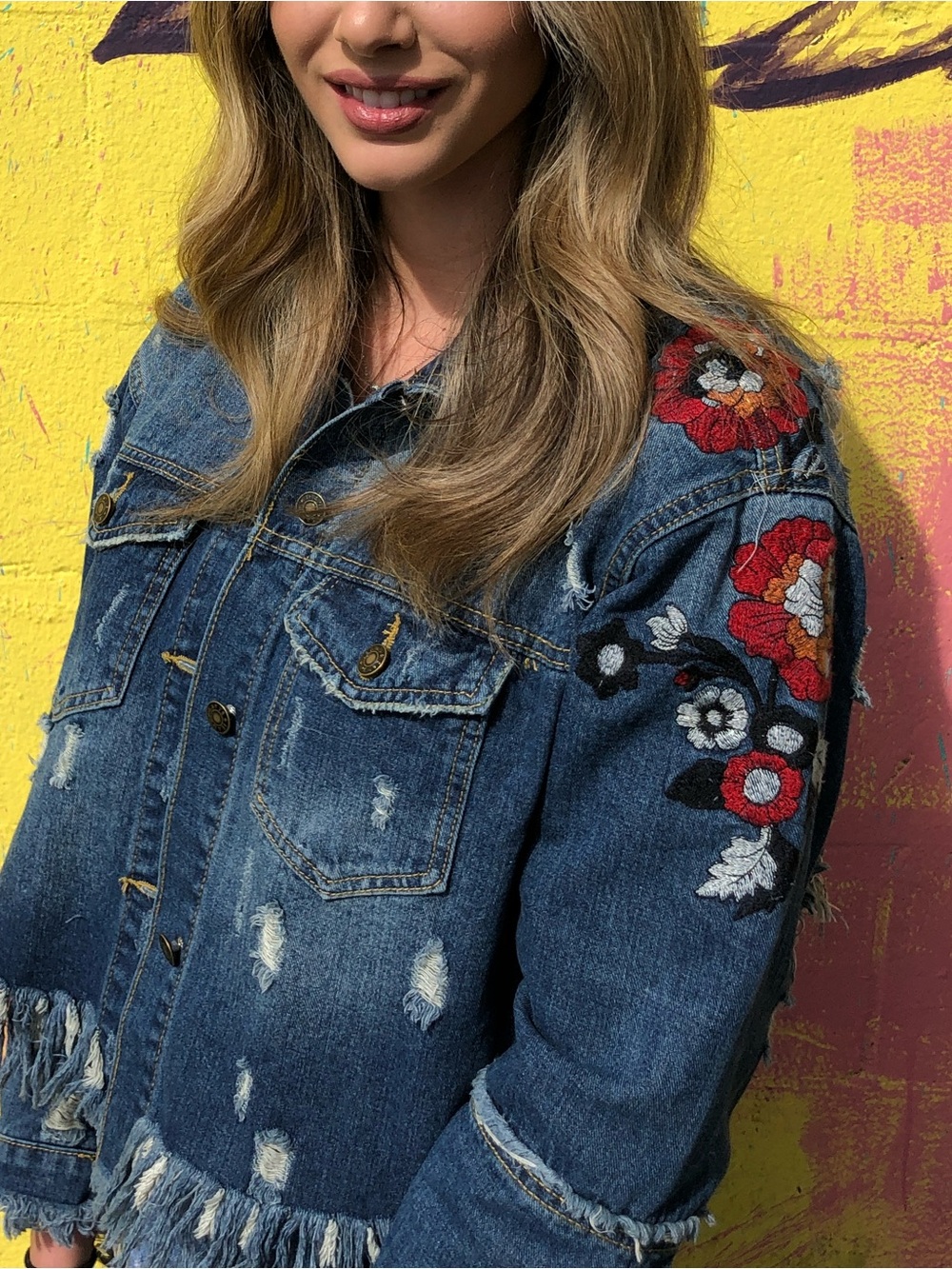 Embroidered Distressed Denim Jacket in Blue with Red Floral Accents - Picture 2 of 8